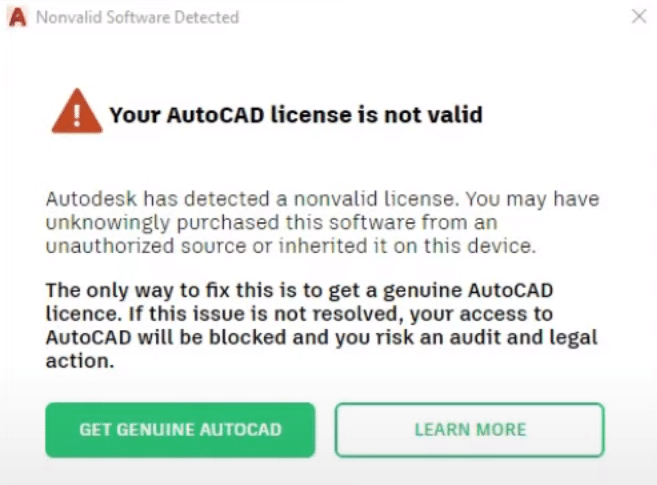 your autocad license is not valid warning